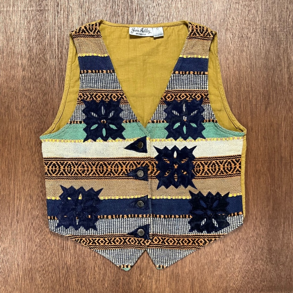 Jane Ashley Vintage Southwestern Woven Vest Cotton Applique Mustard